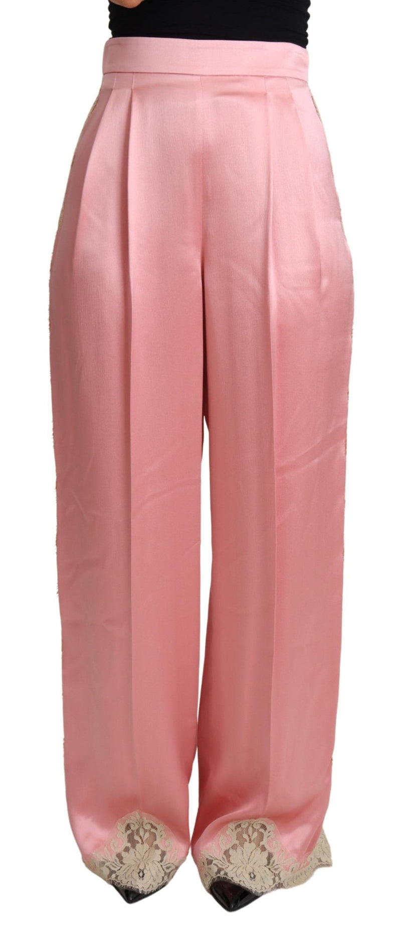 Pink Lace Trimmed Silk Satin Wide Legs Pants-Dolce & Gabbana-LabelTerrace.com