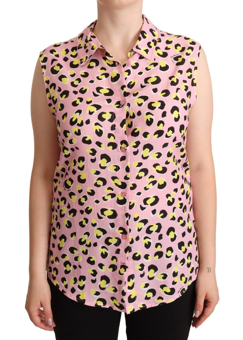 Pink Leopard Print Sleeveless Collared Polo Top-Love Moschino-LabelTerrace.com