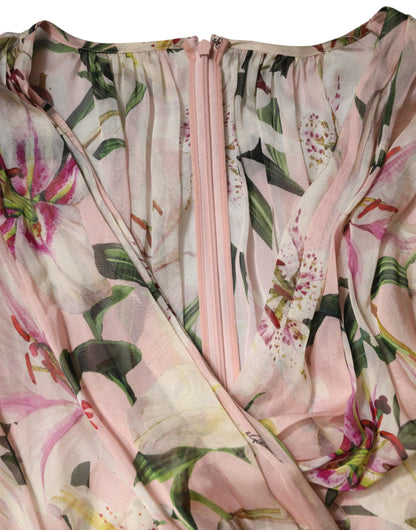Pink Lily Print A-line Pleated Maxi Dress