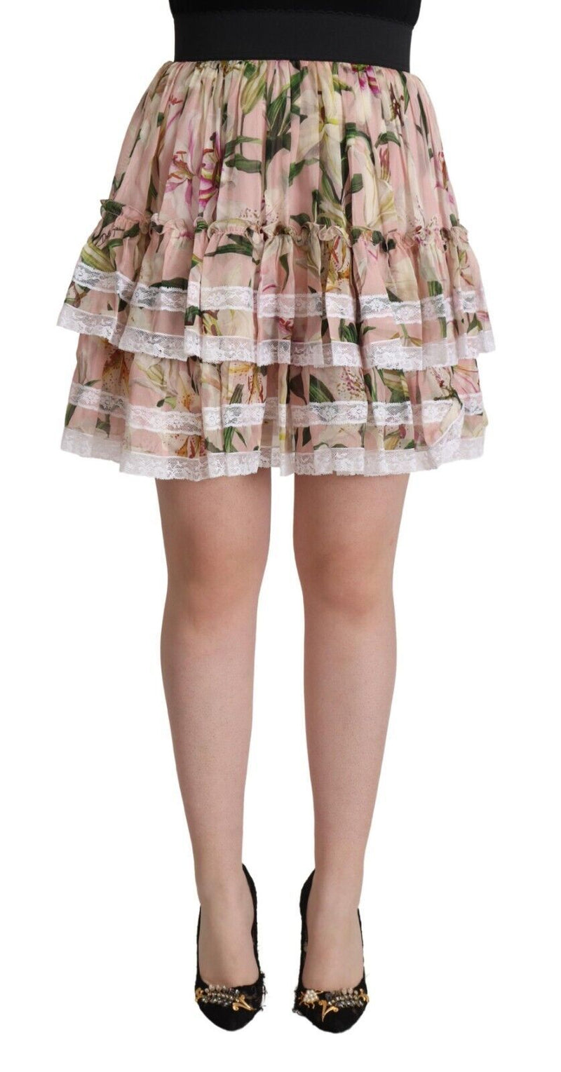 Pink Lily Print Silk Mini Tiered A-line Skirt-Dolce & Gabbana-LabelTerrace.com