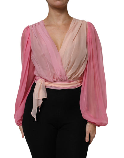 Pink Plunging V-neck Long Sleeves Blouse Top-Dolce & Gabbana-LabelTerrace.com