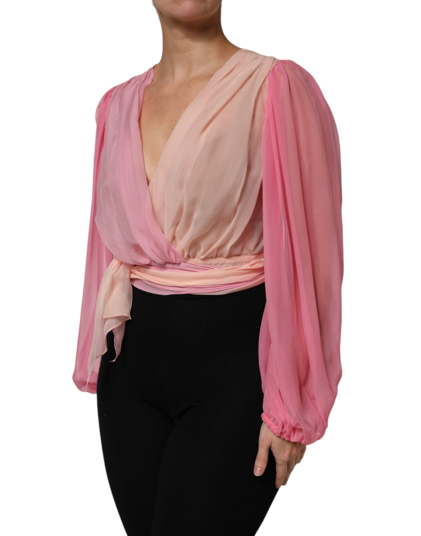 Pink Plunging V-neck Long Sleeves Blouse Top-Dolce & Gabbana-LabelTerrace.com