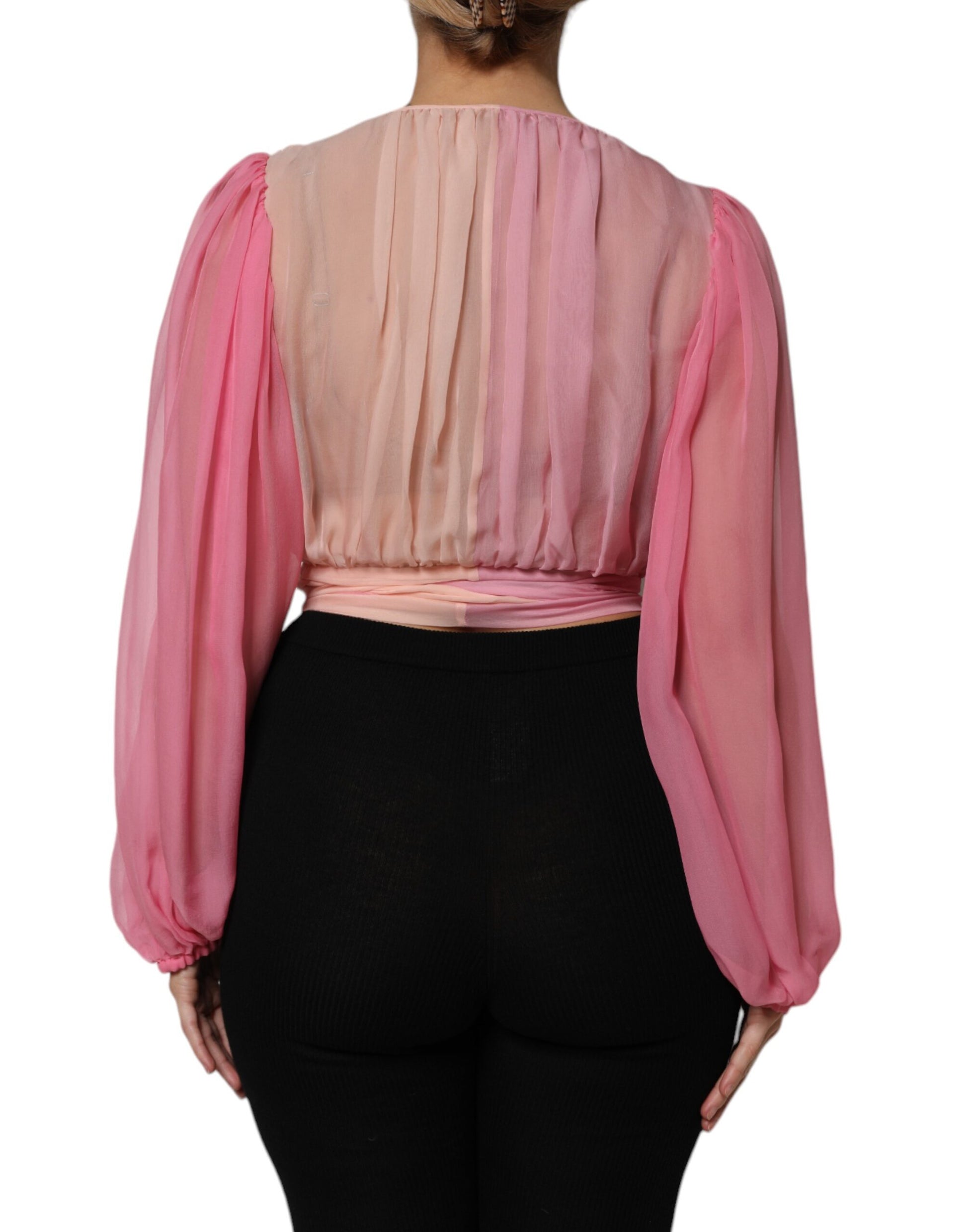 Pink Plunging V-neck Long Sleeves Blouse Top-Dolce & Gabbana-LabelTerrace.com