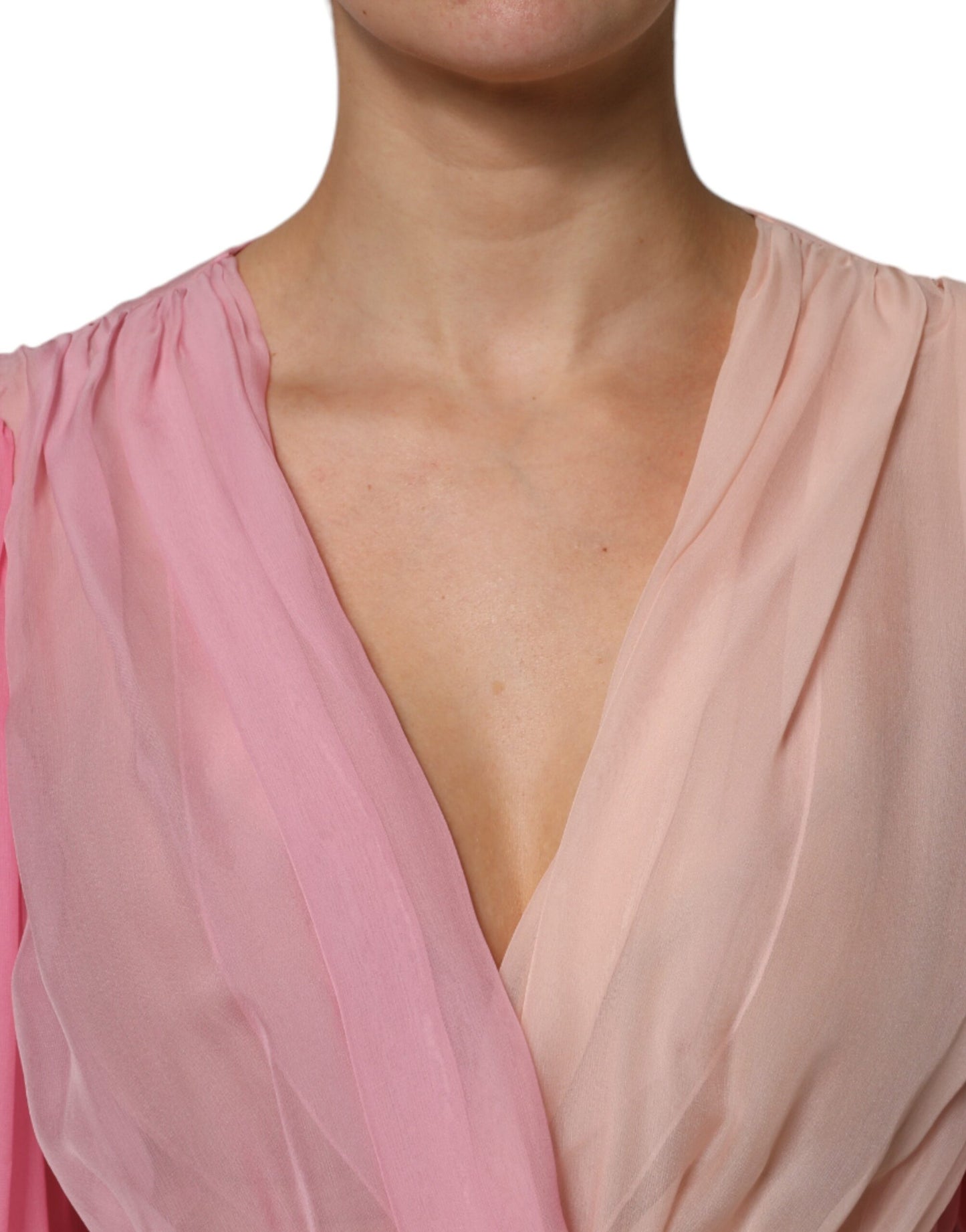 Pink Plunging V-neck Long Sleeves Blouse Top-Dolce & Gabbana-LabelTerrace.com