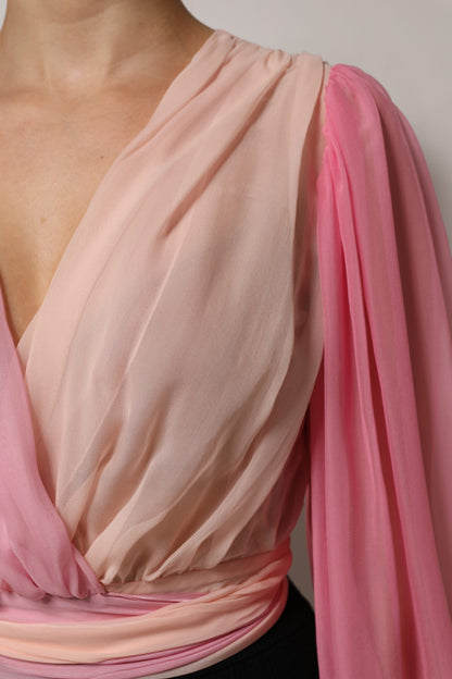 Pink Plunging V-neck Long Sleeves Blouse Top-Dolce & Gabbana-LabelTerrace.com