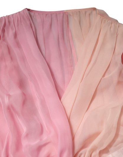 Pink Plunging V-neck Long Sleeves Blouse Top-Dolce & Gabbana-LabelTerrace.com