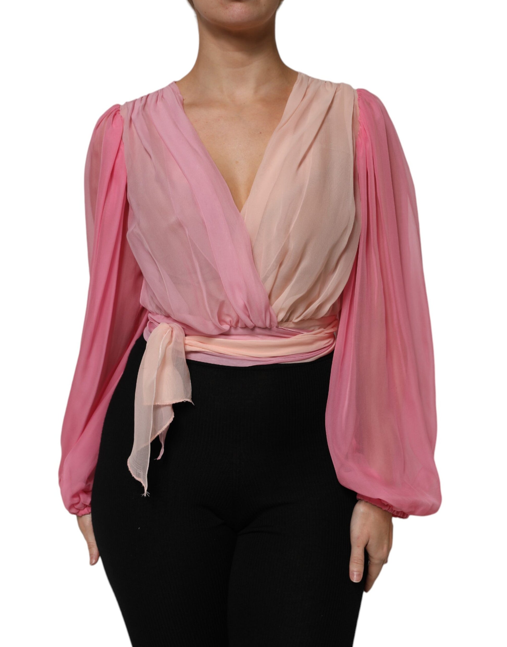 Pink Plunging V-neck Long Sleeves Blouse Top-Dolce & Gabbana-LabelTerrace.com