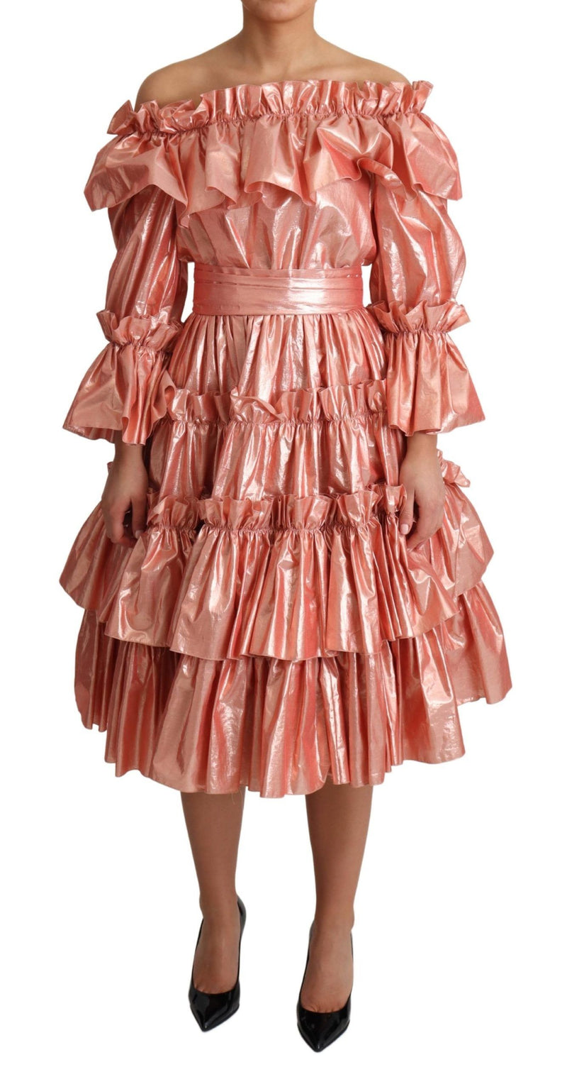Pink Ruffled Dress Silk Cotton Gown Dress-Dolce & Gabbana-LabelTerrace.com