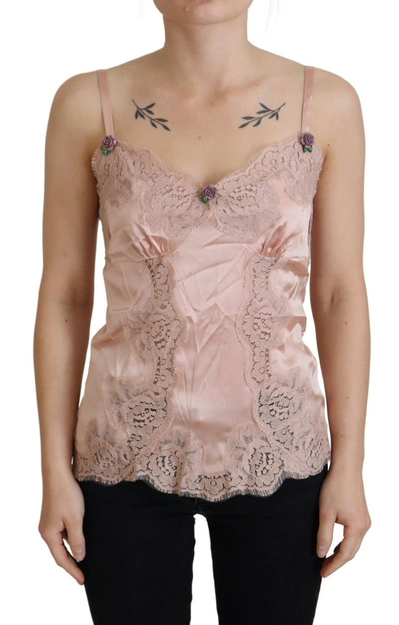 Pink Satin Lace Roses Tank Top Lingerie-Dolce & Gabbana-LabelTerrace.com