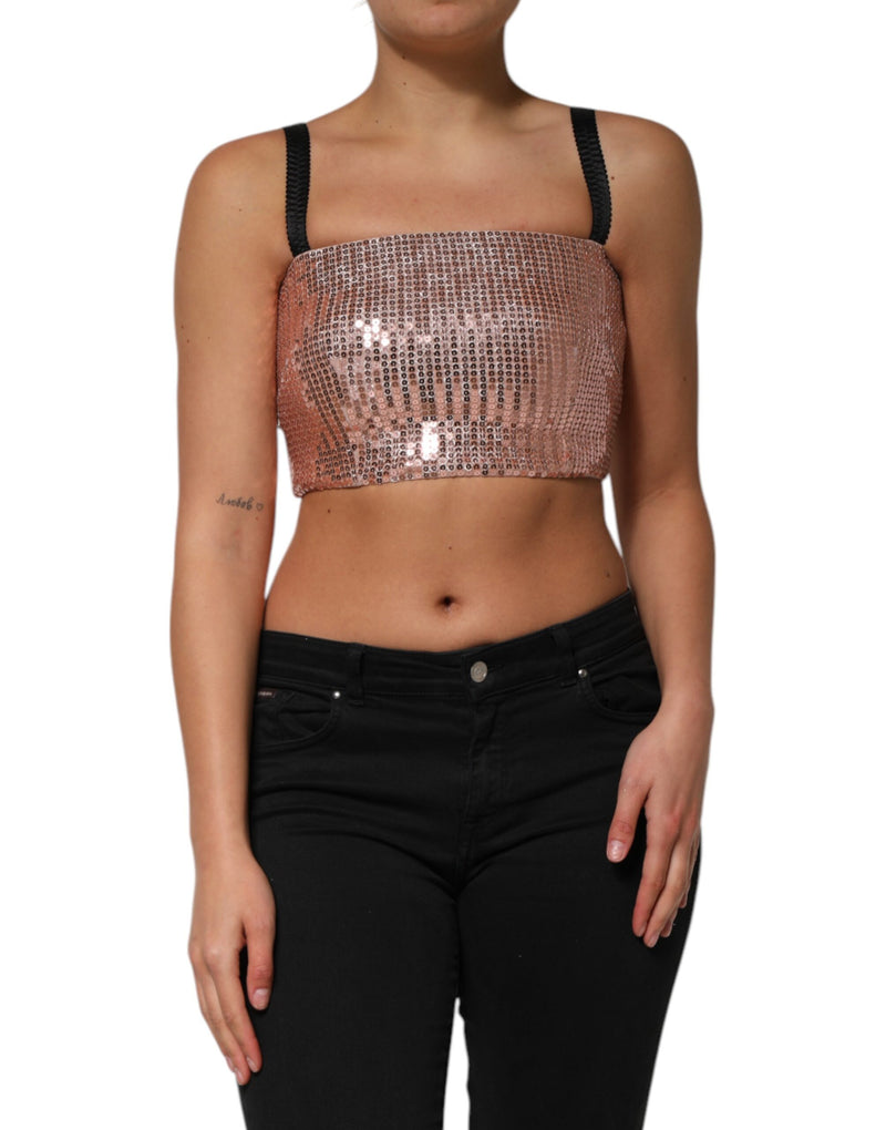 Pink Sequined Nylon Sleeveless Cropped Top-Dolce & Gabbana-LabelTerrace.com