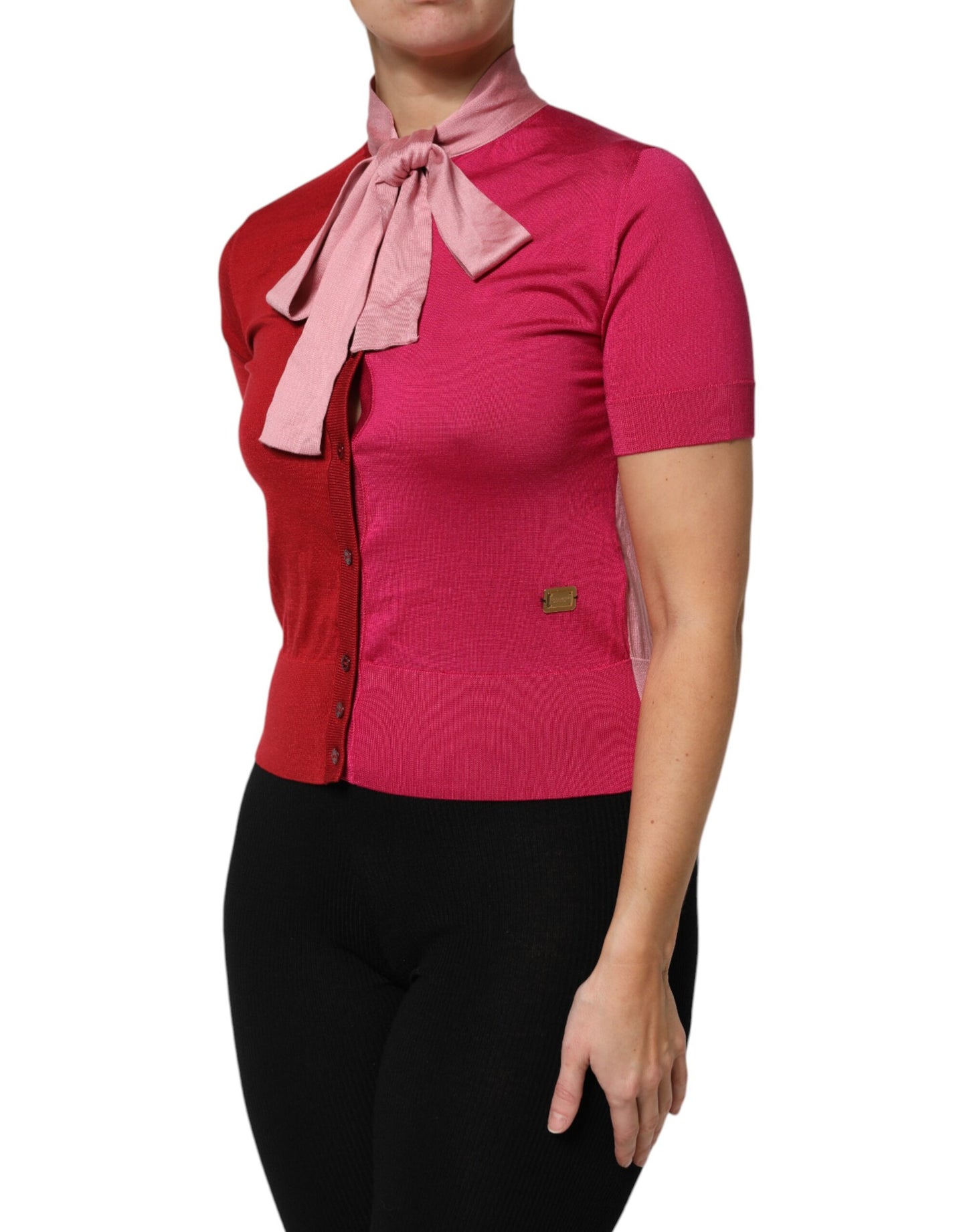 Pink Short Sleeves Buttoned Ascot Collar Top-Dolce & Gabbana-LabelTerrace.com