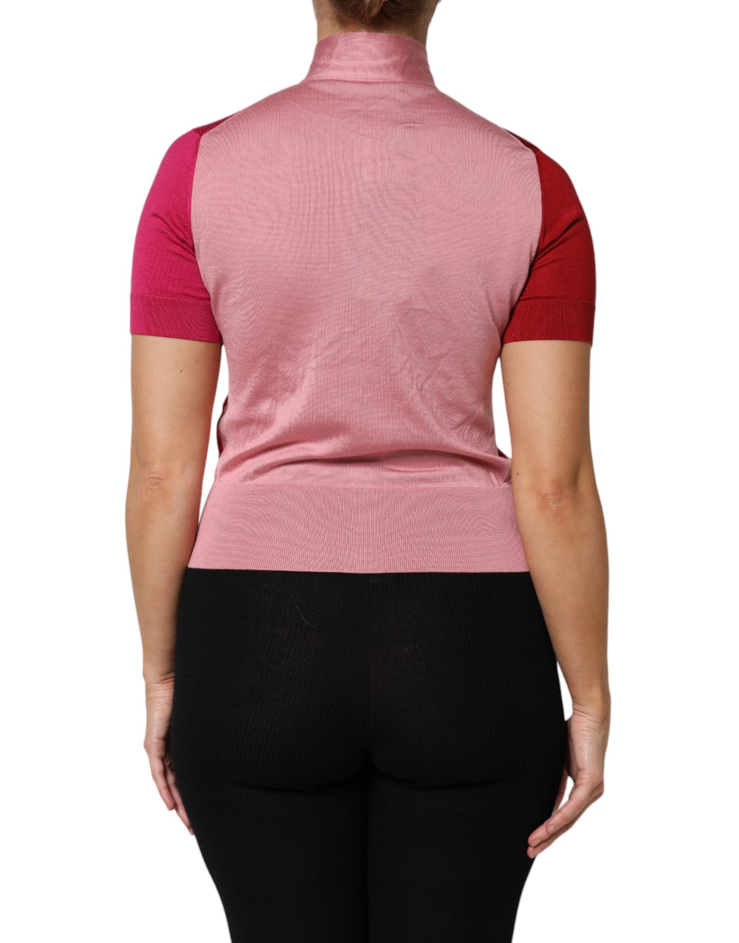 Pink Short Sleeves Buttoned Ascot Collar Top-Dolce & Gabbana-LabelTerrace.com