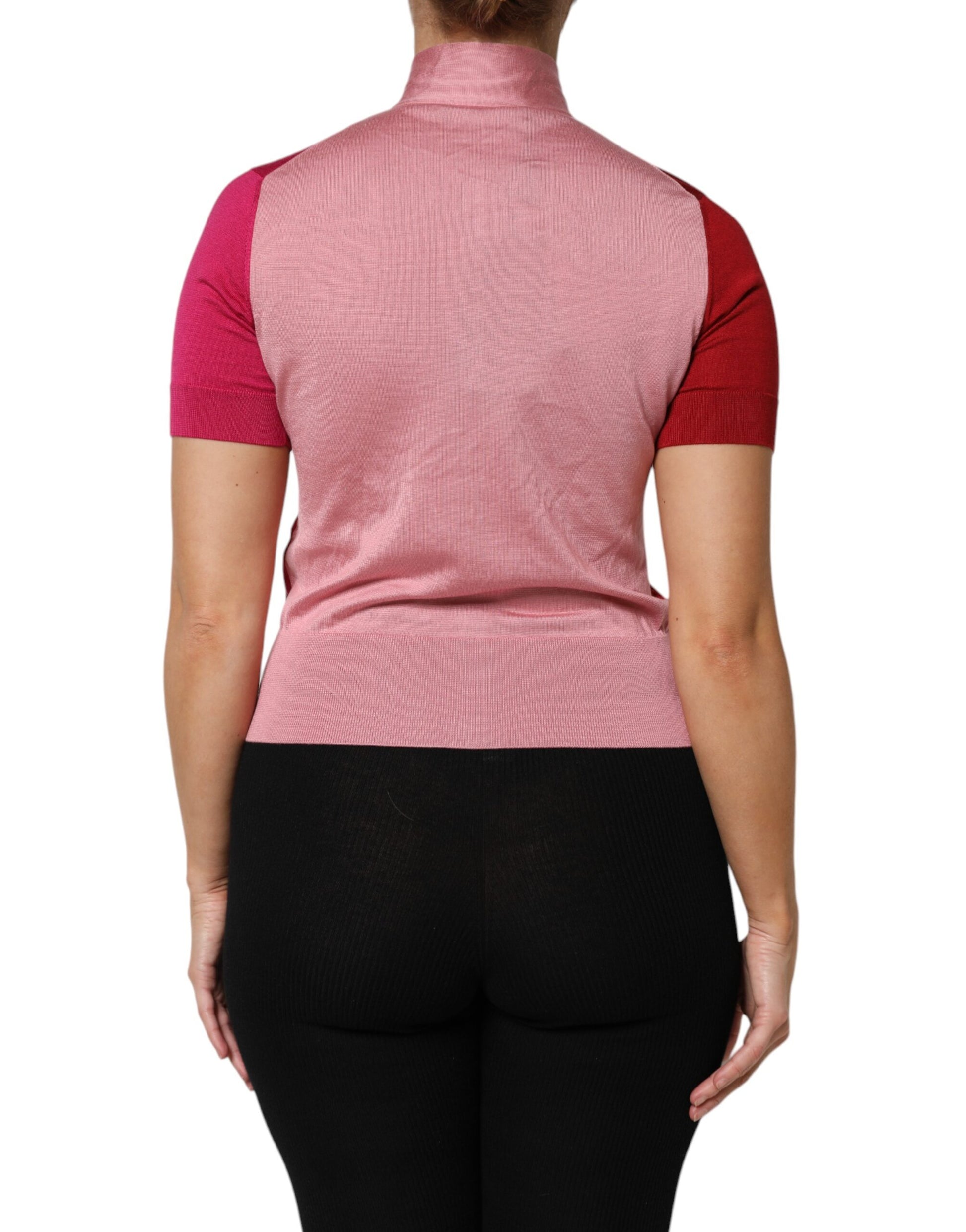 Pink Short Sleeves Buttoned Ascot Collar Top-Dolce & Gabbana-LabelTerrace.com