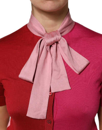 Pink Short Sleeves Buttoned Ascot Collar Top-Dolce & Gabbana-LabelTerrace.com
