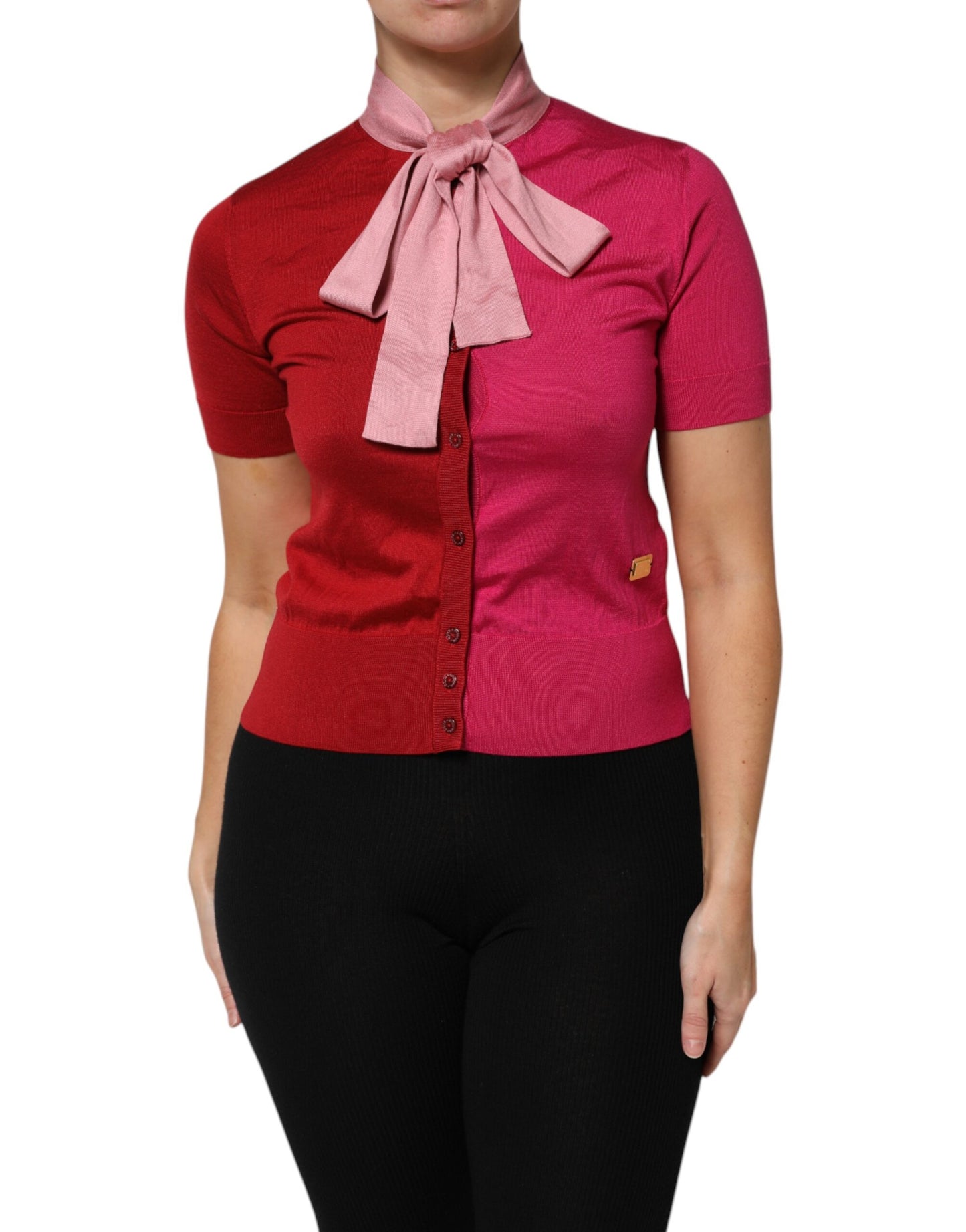 Pink Short Sleeves Buttoned Ascot Collar Top-Dolce & Gabbana-LabelTerrace.com