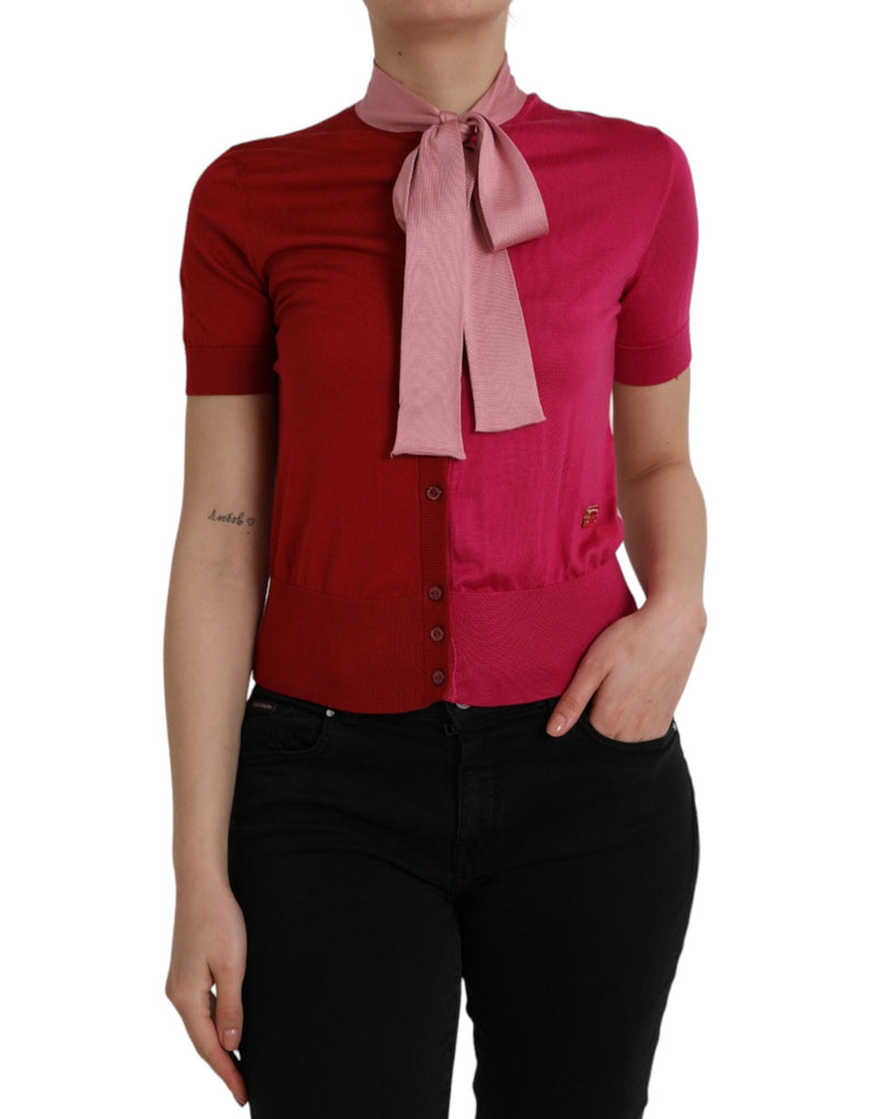 Pink Short Sleeves Pullover Ascot Collar Top-Dolce & Gabbana-LabelTerrace.com