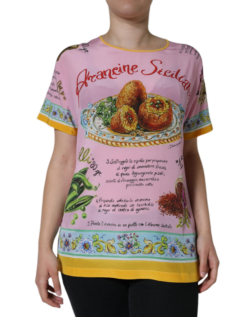 Pink Silk Araneine Siciliana Print Short Sleeves Top-Dolce & Gabbana-LabelTerrace.com
