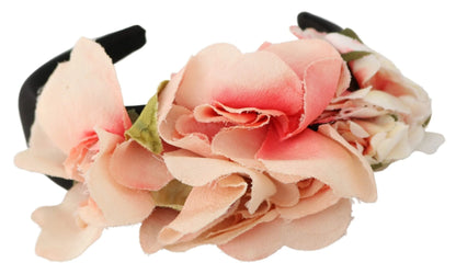 Pink Silk Black Floral Headband Logo Diadem-Dolce & Gabbana-LabelTerrace.com
