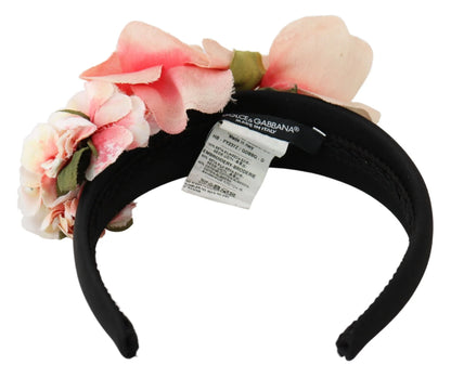 Pink Silk Black Floral Headband Logo Diadem-Dolce & Gabbana-LabelTerrace.com