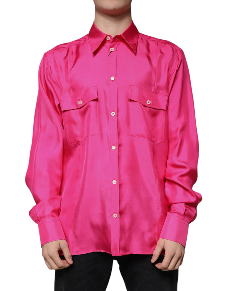 Pink Silk Collared Button Down Men Shirt-Dolce & Gabbana-LabelTerrace.com