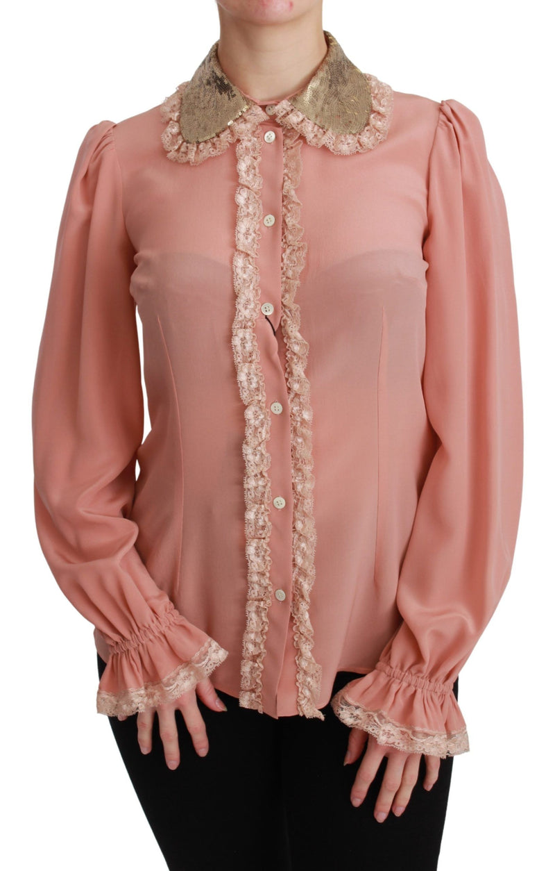 Pink Silk Gold Sequin Lace Blouse Shirt-Dolce & Gabbana-LabelTerrace.com