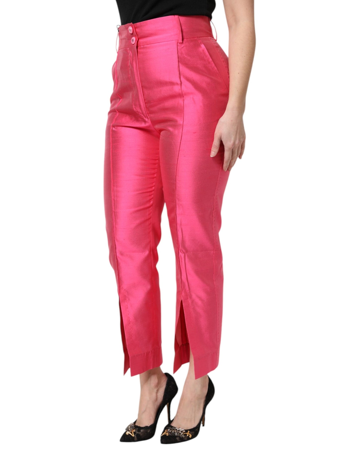 Pink Silk High Waist Tapered Pants-Dolce & Gabbana-LabelTerrace.com