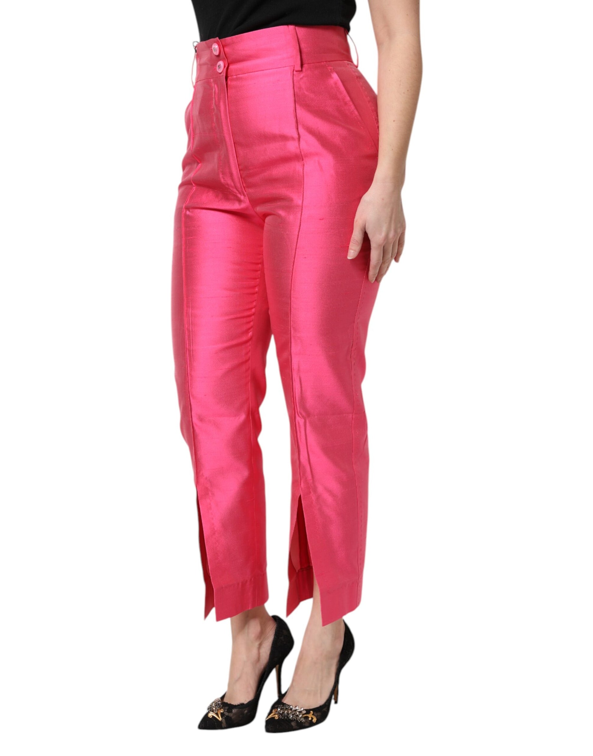 Pink Silk High Waist Tapered Pants-Dolce & Gabbana-LabelTerrace.com
