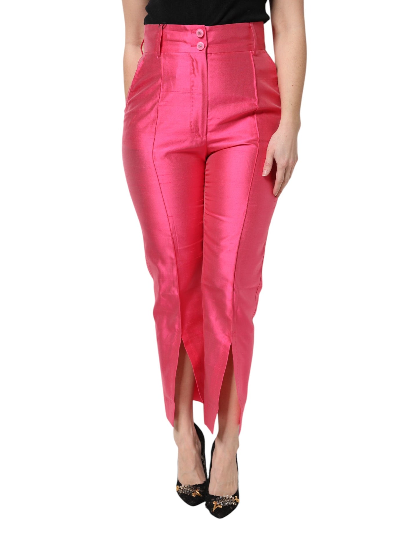 Pink Silk High Waist Tapered Pants-Dolce & Gabbana-LabelTerrace.com