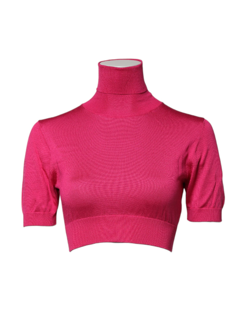 Pink Silk Knitted Turtleneck Cropped Top-Dolce & Gabbana-LabelTerrace.com