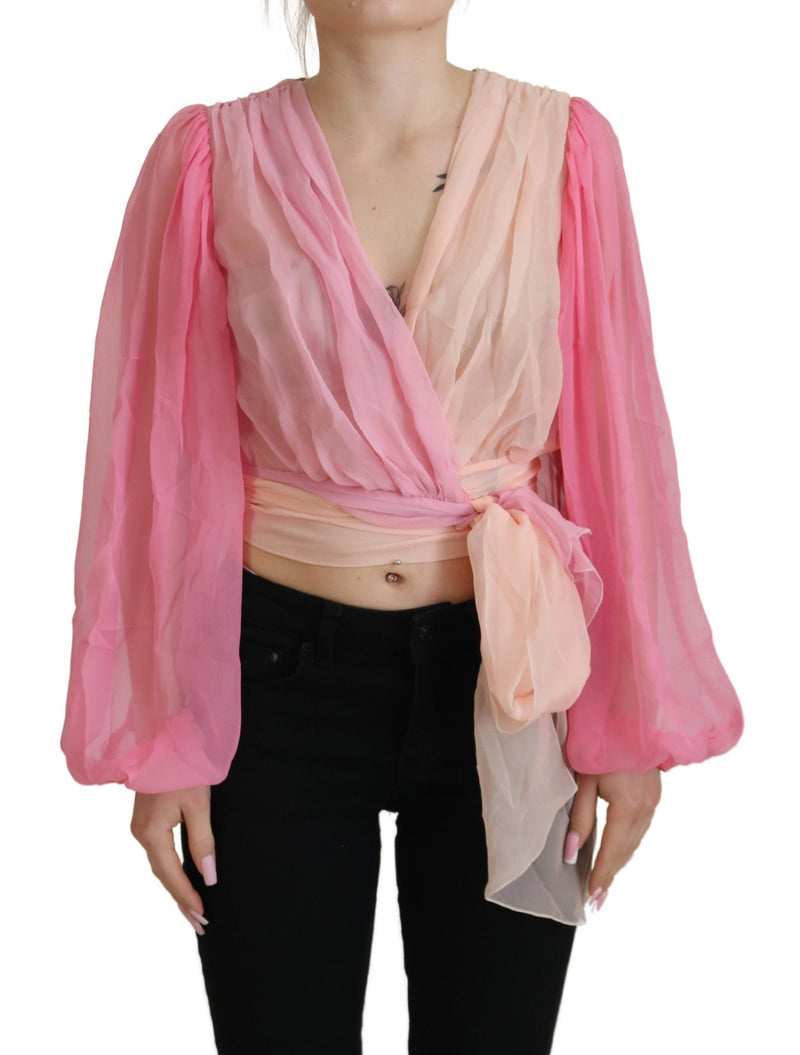 Pink Silk Wrap Long Sleeves Blouse Top-Dolce & Gabbana-LabelTerrace.com