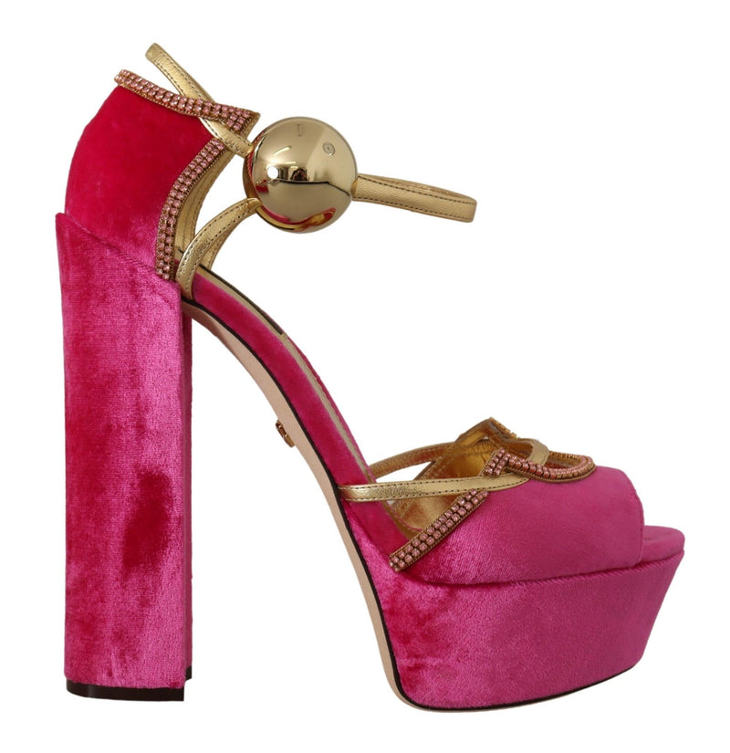 Pink Velvet Crystal Ankle Strap Sandals Shoes-Dolce & Gabbana-LabelTerrace.com