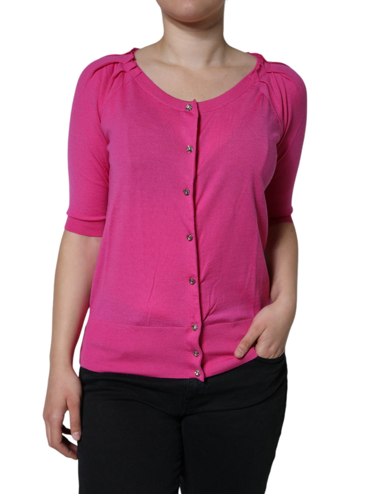 Pink Wool Button Down Short Sleeve Blouse Top-Dolce & Gabbana-LabelTerrace.com