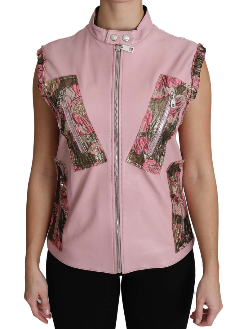 Pink Zippered Lamb Sleeveless Vest Leather Jacket-Dolce & Gabbana-LabelTerrace.com
