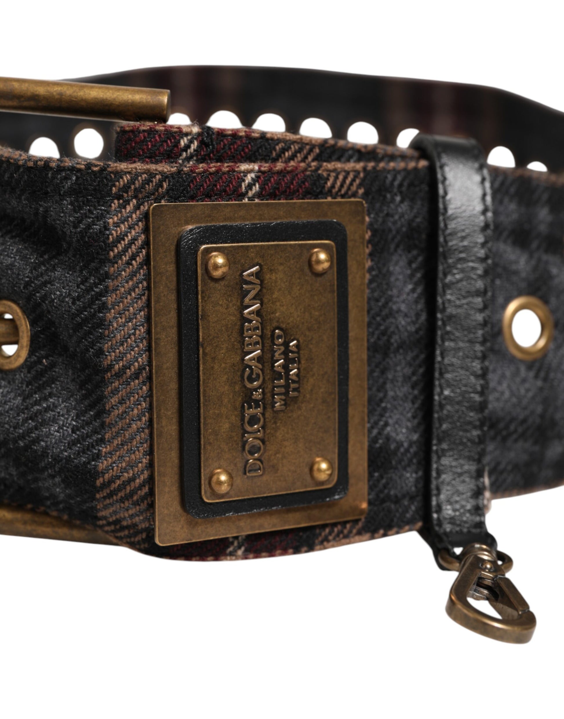Plaid Fabric Logo Plate Brass Buckle Belt