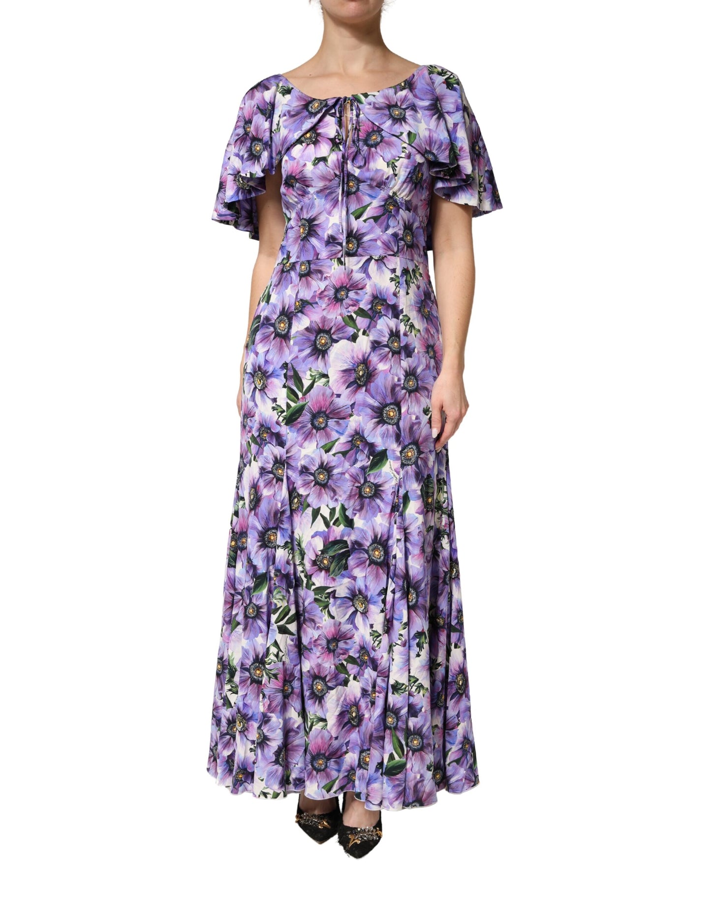 Purple Floral Silk Stretch Elegant Gown Dress