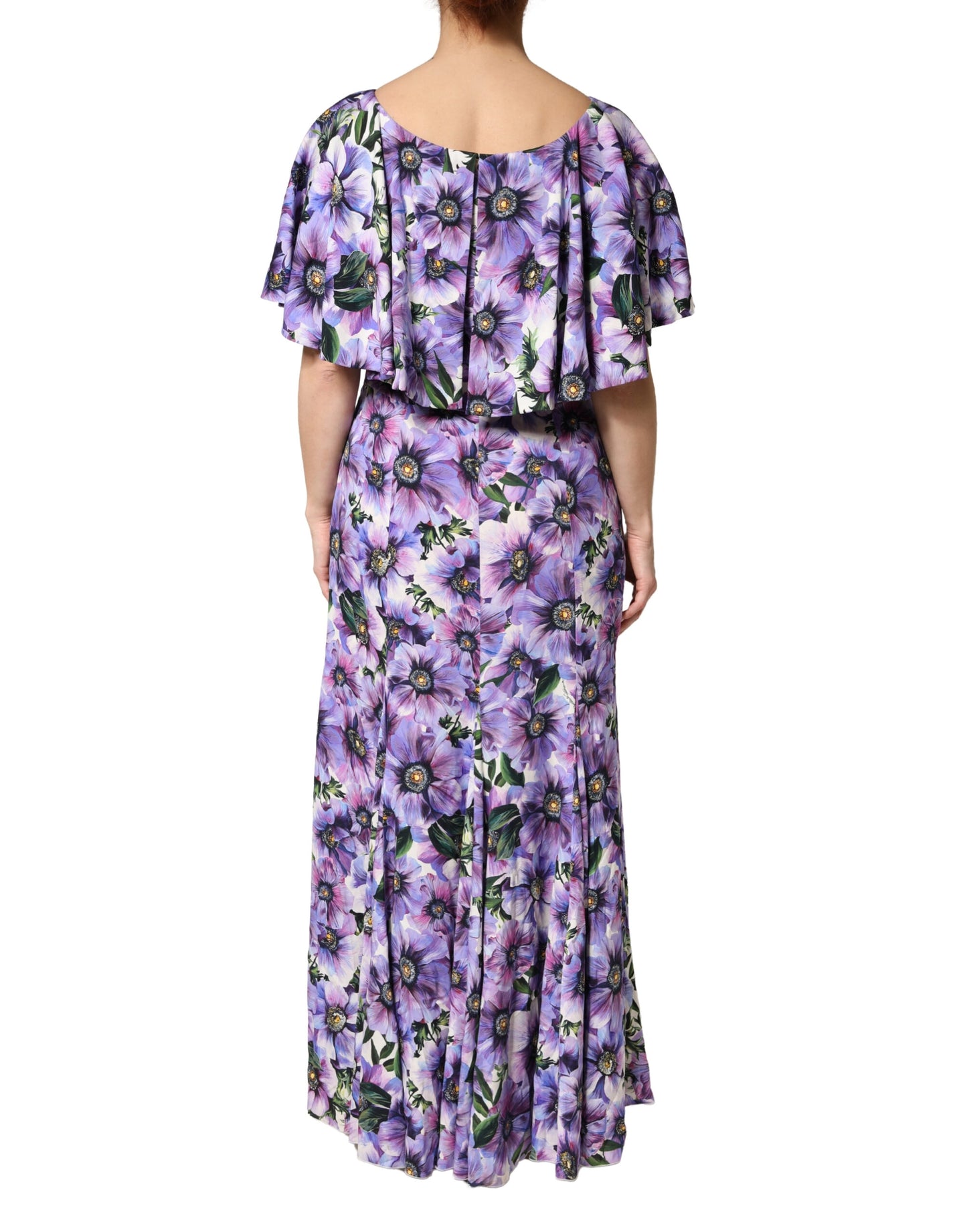 Purple Floral Silk Stretch Elegant Gown Dress