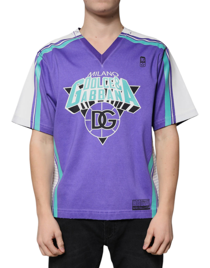 Purple Logo Jersey Cotton V-neck T-shirt-Dolce & Gabbana-LabelTerrace.com
