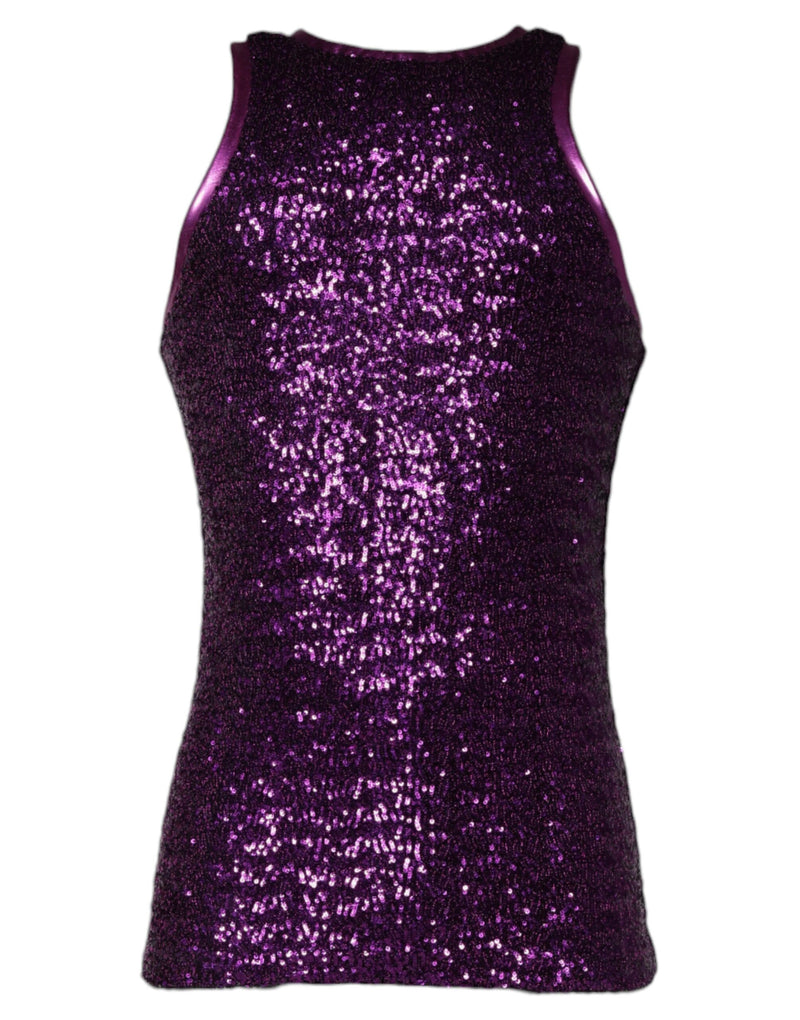 Purple Sequin Round Neck Sleeveless T-shirt-Dolce & Gabbana-LabelTerrace.com