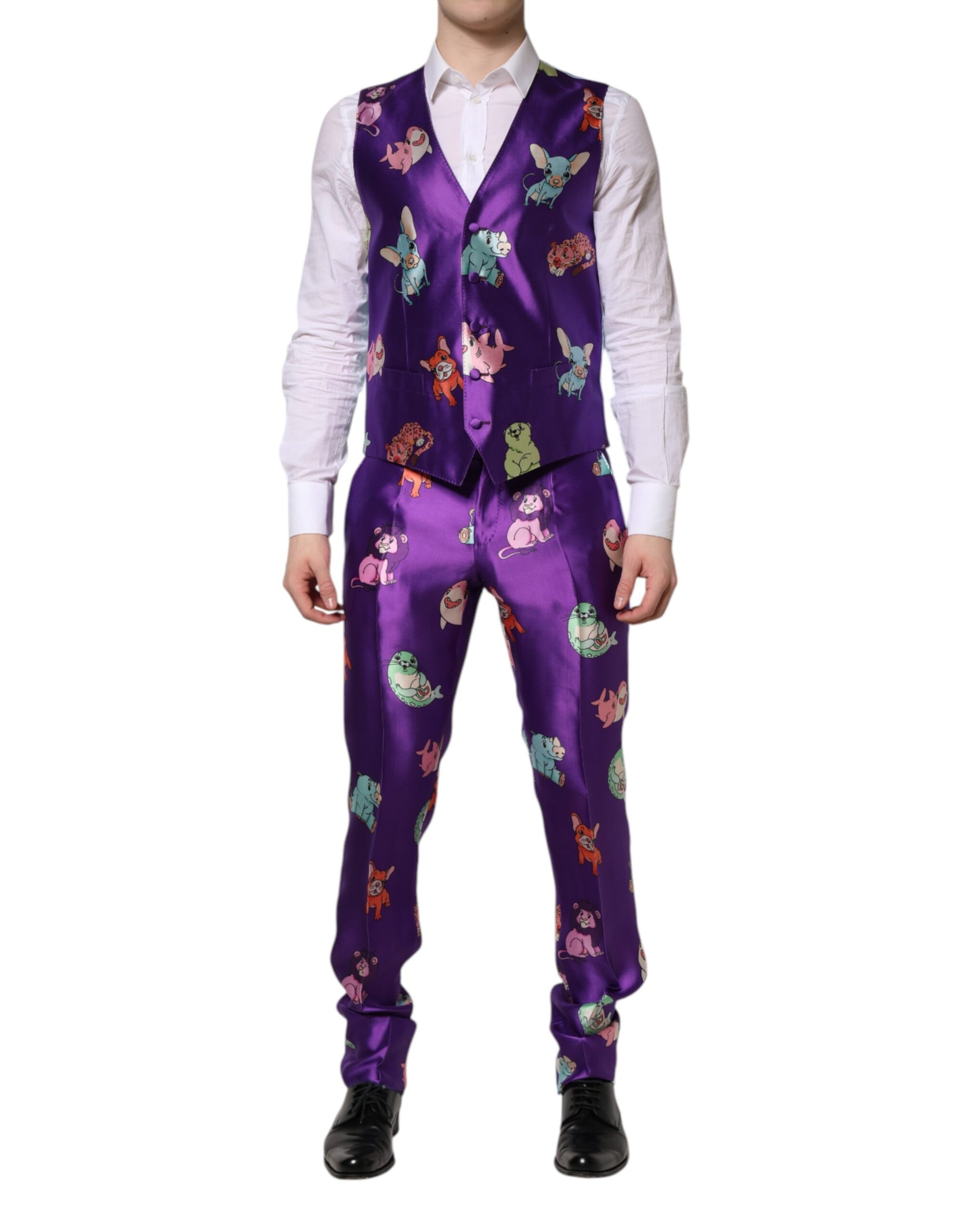 Purple Silk Animal Print 3 Piece Suit