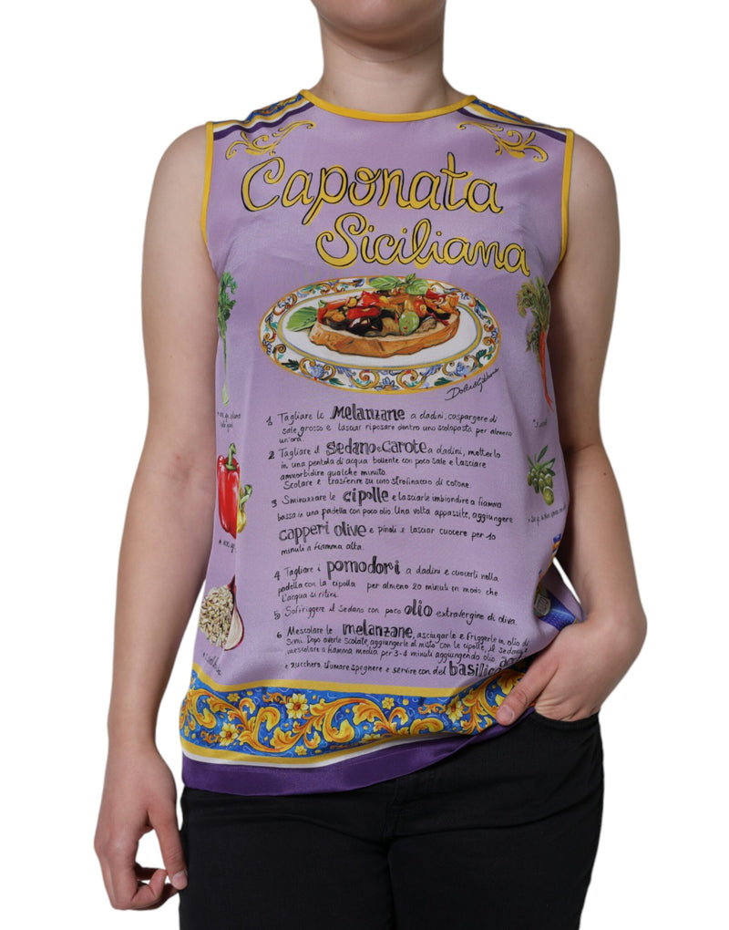 Purple Silk Caponata Siciliana Print Tank Top-Dolce & Gabbana-LabelTerrace.com