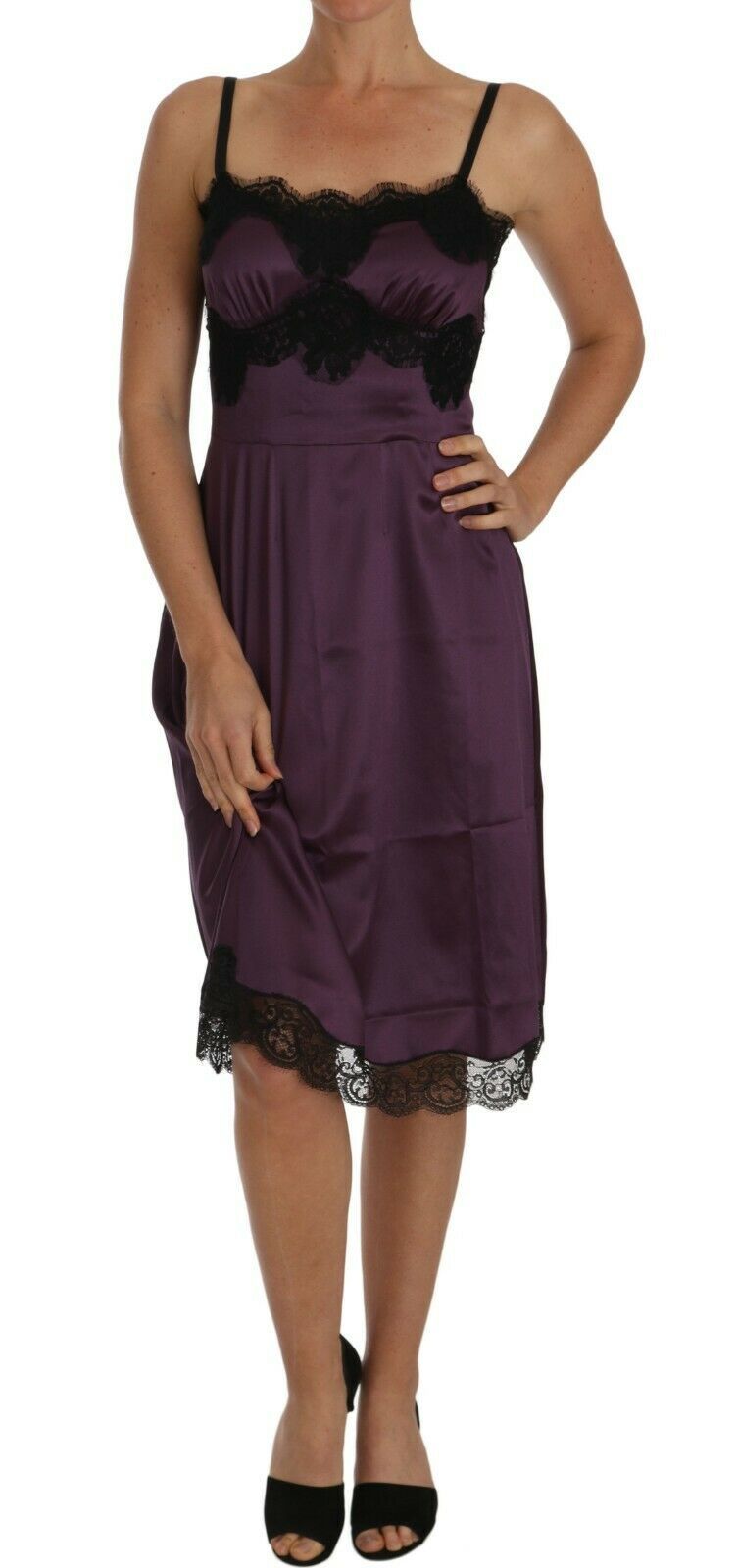 Purple Silk Stretch Black Lace A-Line Dress-Dolce & Gabbana-LabelTerrace.com