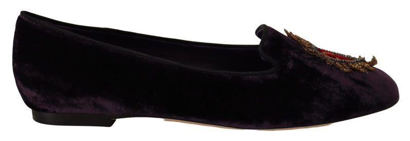 Purple Velvet DG Heart Loafers Flats Shoes-Dolce & Gabbana-LabelTerrace.com