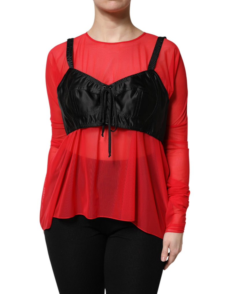 Red Black Bustier Detailing Long Sleeves Top-Dolce & Gabbana-LabelTerrace.com