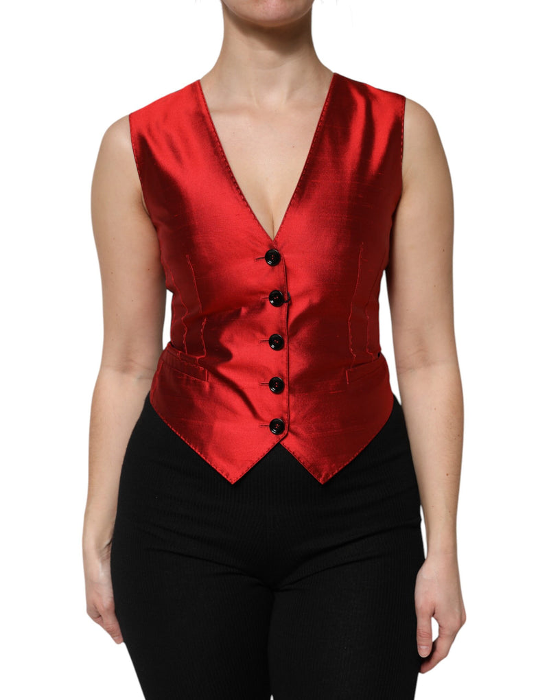 Red Black Button Down Sleeveless Vest Top-Dolce & Gabbana-LabelTerrace.com
