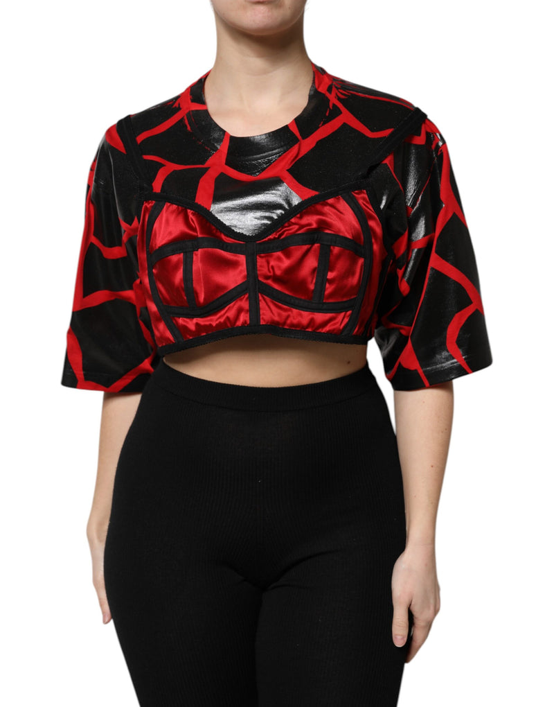 Red Black Cotton Bustier Detailing Cropped Top-Dolce & Gabbana-LabelTerrace.com