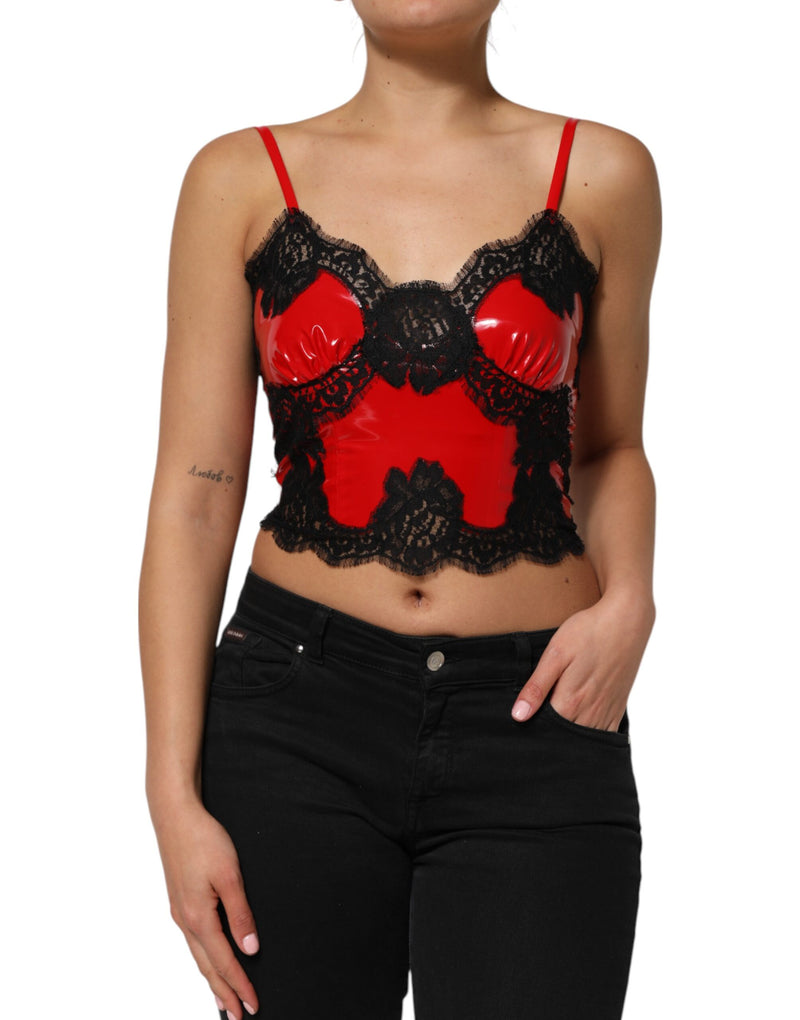 Red Black Lace Trim Polyester Sleeveless Tank Top-Dolce & Gabbana-LabelTerrace.com