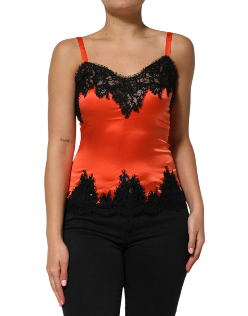 Red Black Lace Trim Silk Sleeveless Tank Top-Dolce & Gabbana-LabelTerrace.com