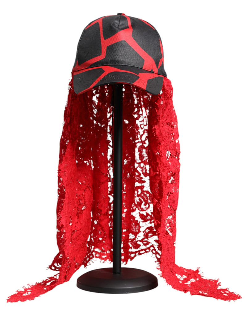 Red Black Lace Tulle Cotton Baseball Cap-Dolce & Gabbana-LabelTerrace.com