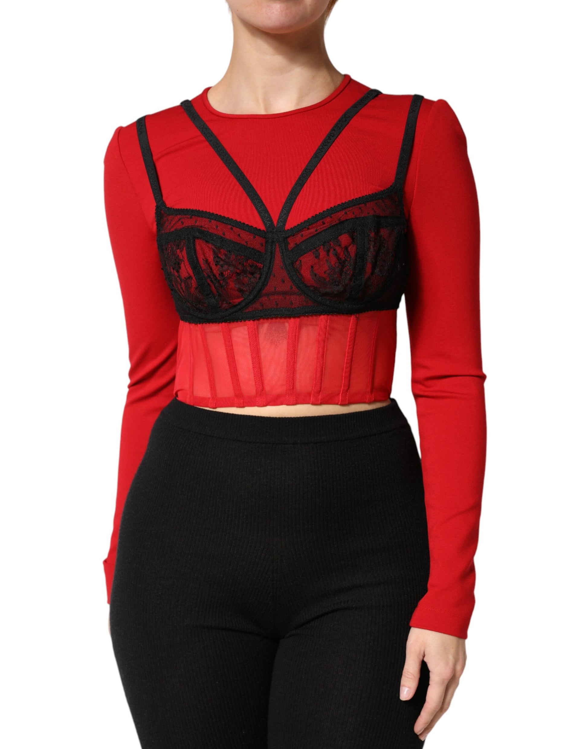 Red Black Nylon Bralette-Style Cropped Top