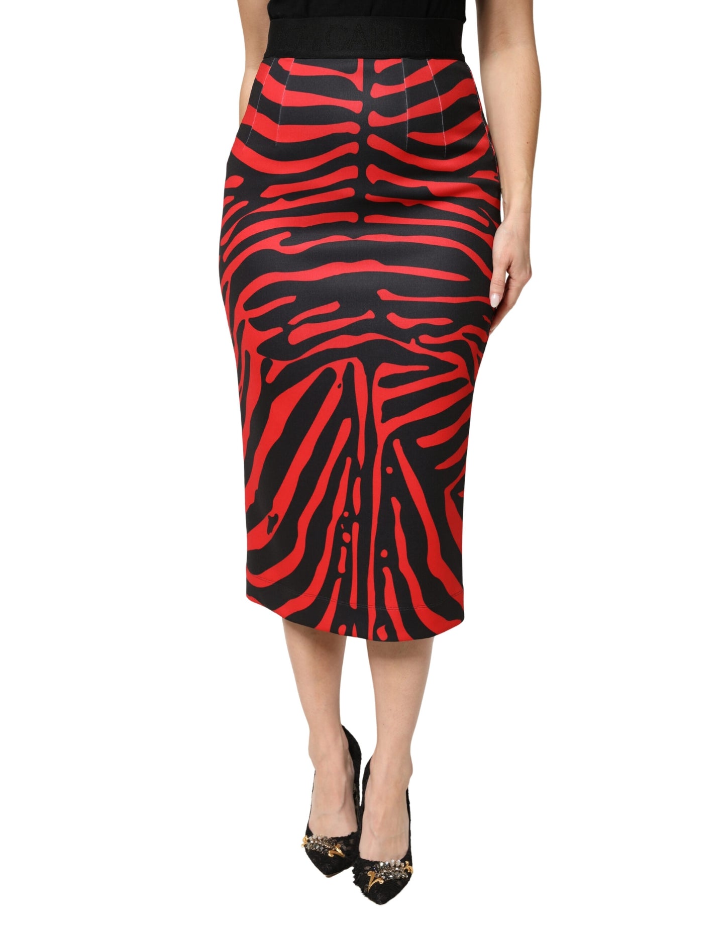 Red Black Zebra Print Polyester Pencil Midi Skirt